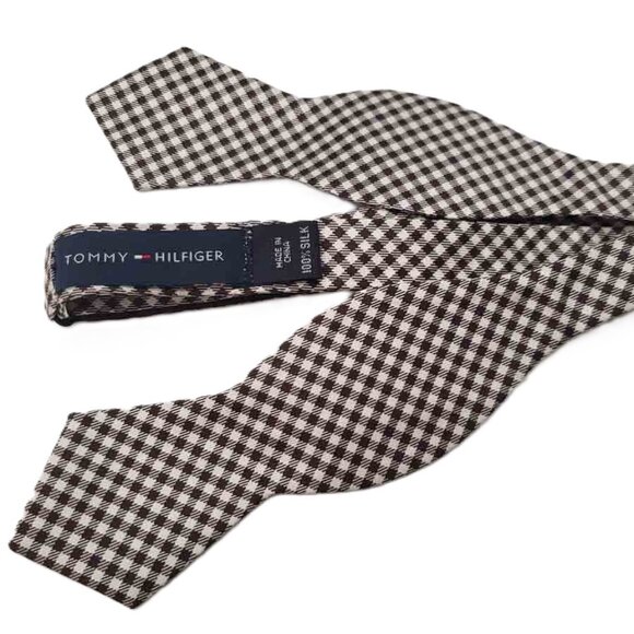 Tommy Hilfiger Silk Bow Tie Brown White Lattice Check Men's OS Adjustable - Picture 2 of 2